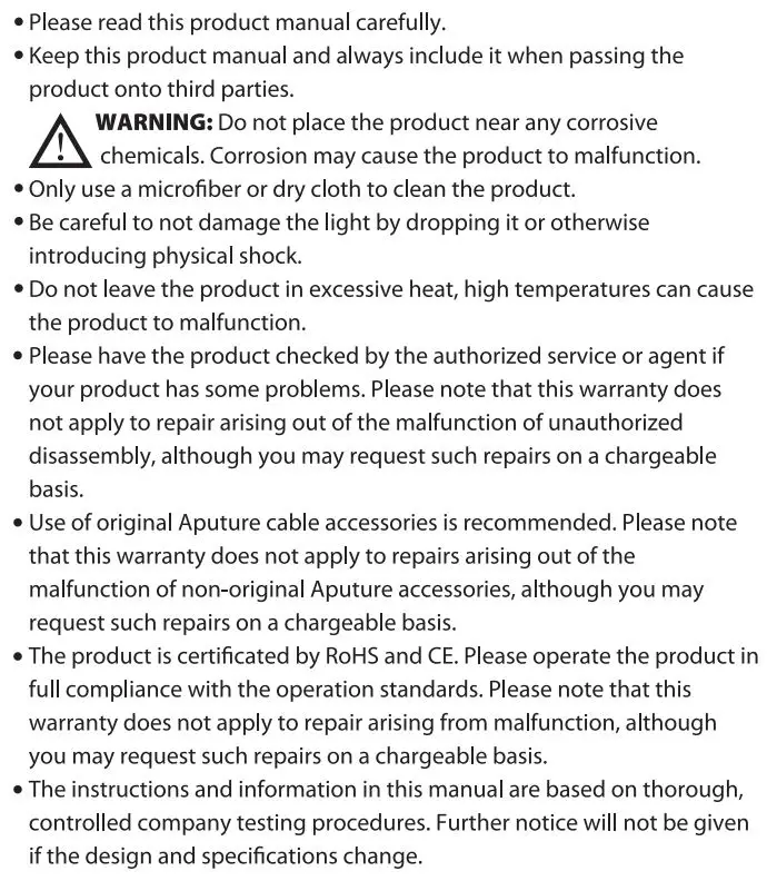 Aputure MC RGBWW LED Light User Manual - Instructions