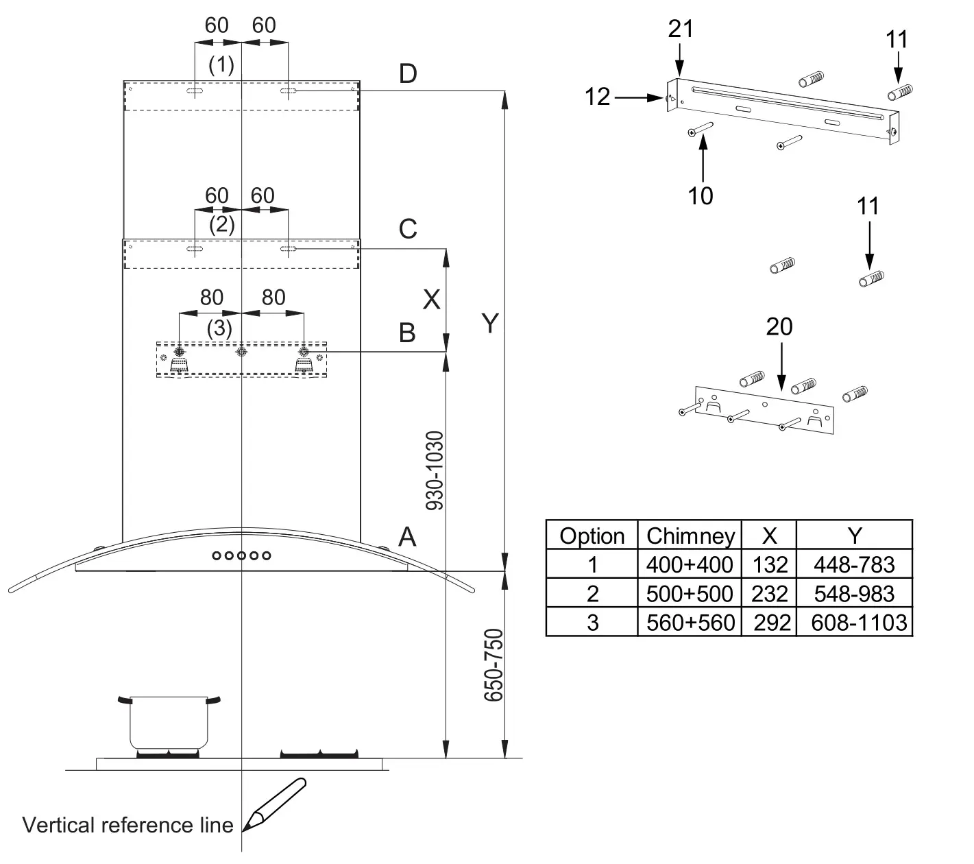 Midea 330461 330491 Glass Canopy Rangehood 60cm - WALL DRILLING AND BRACKET FIXING