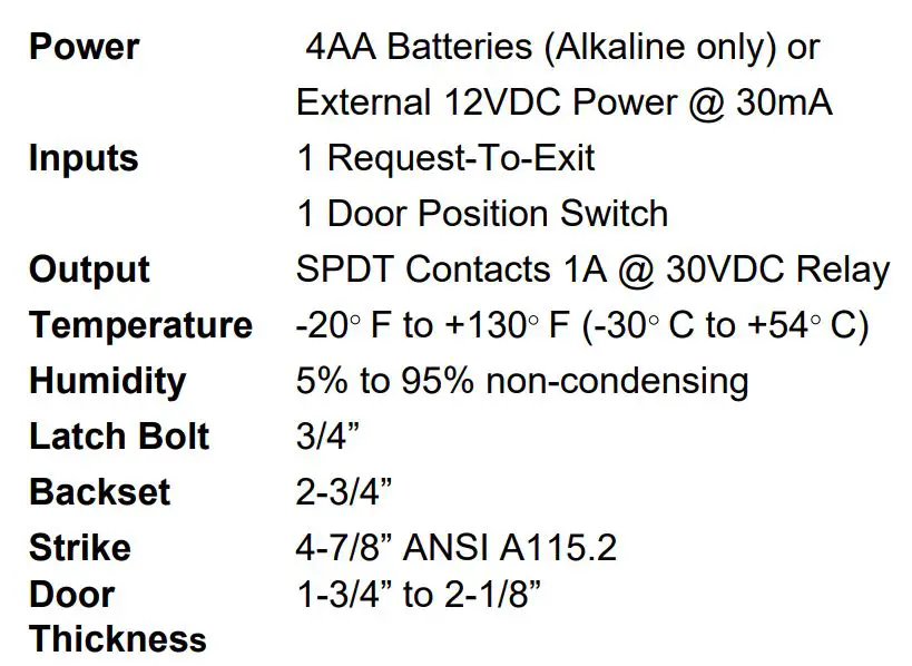 SDC E76 Series Standalone Electronic Lockset Installation Guide - Specifications