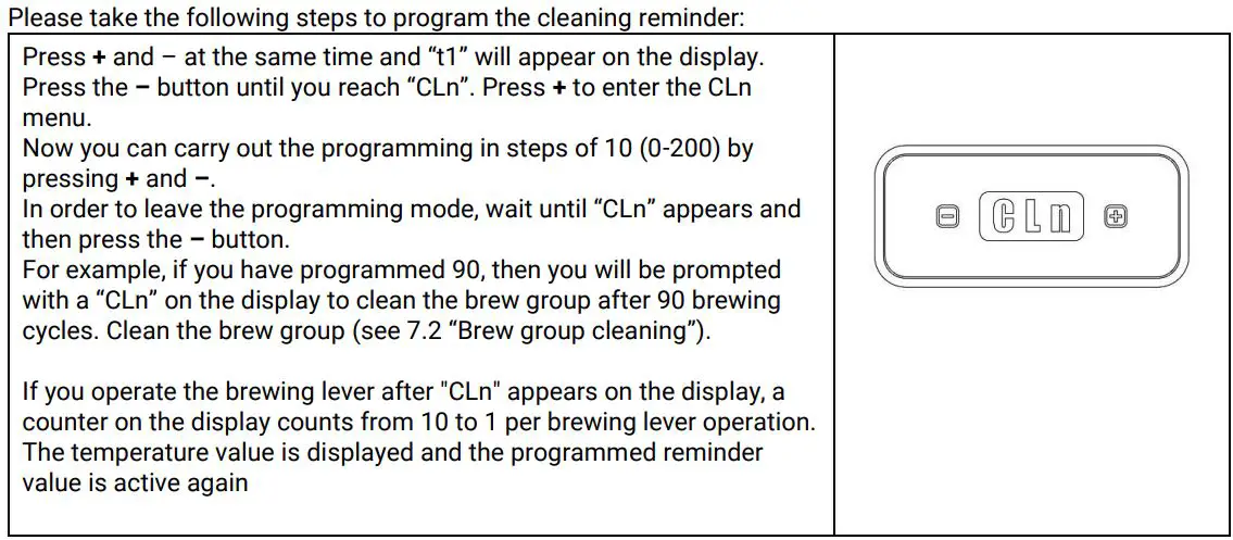 ECM 81084 Classika PID Coffee Machine User Manual - Programming the group cleaning mode “Cln”