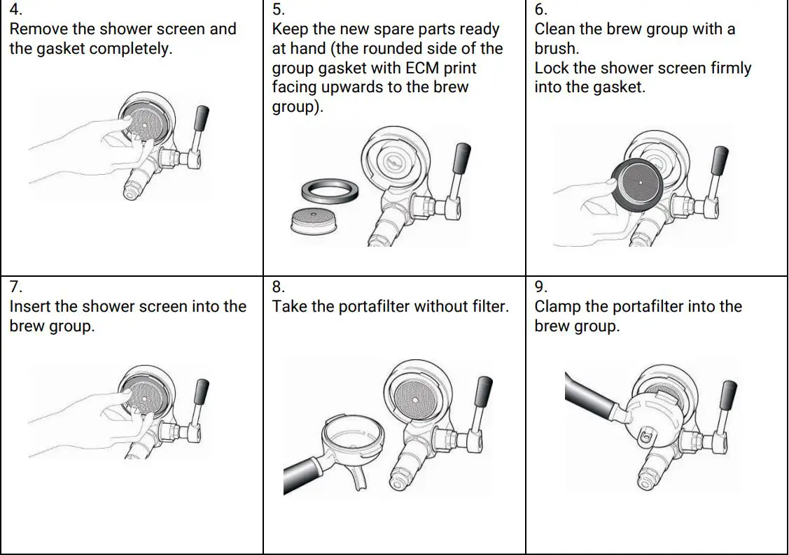 ECM 81084 Classika PID Coffee Machine User Manual - Replacing the group gasket and the shower screen