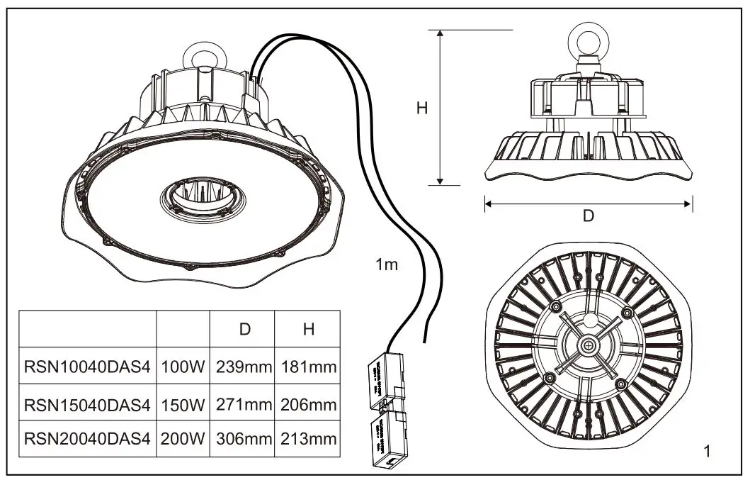 ROBUS RSN10040DAS4-04 Sonic4 Led Highbay Ip65 1-10v Dimmable 1m Flex And Swift Connector 4000k - figure 1