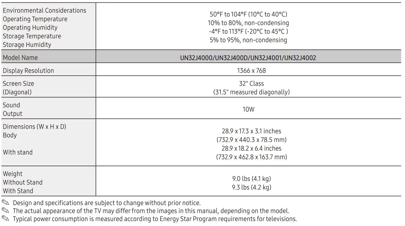 SAMSUNG UN32J4000 4000 LED TV User Manual - Specifications
