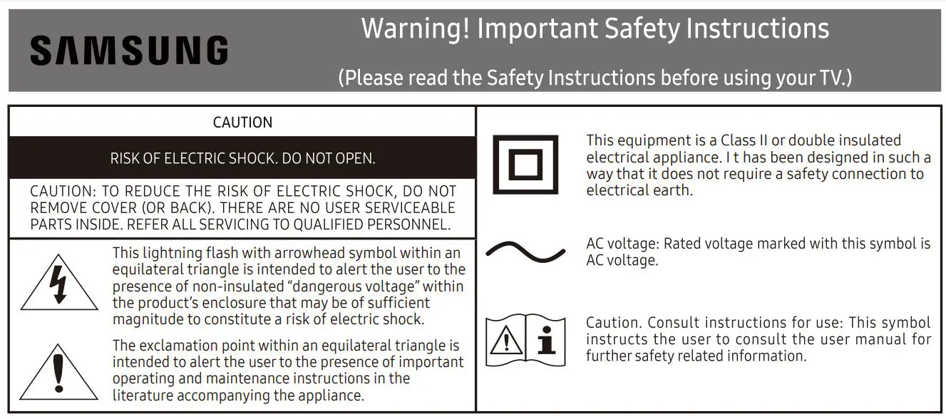 SAMSUNG UN32J4000 4000 LED TV User Manual - Warning Important Safety Instructions