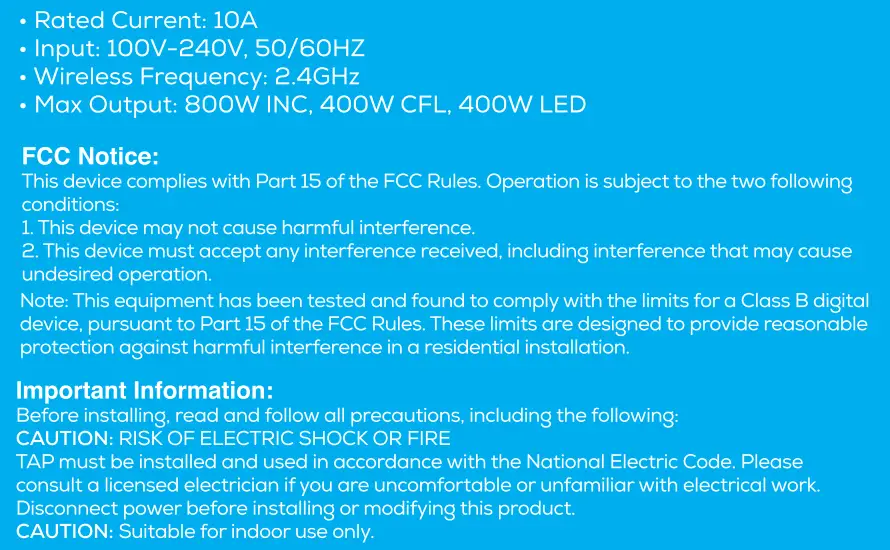 geeni GNC-WW107 Tap Smart WiFi Light Switch User Guide - Technical Specifications