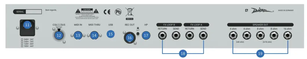 VHX Diezel 4 Channel 100 Watt Guitar Amp Head- REAR PANEL
