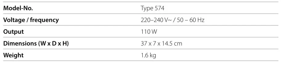 solis Type 574 VAC PREMIUM Food Vacuum Sealer - TECHNICAL SPECIFICATIONS
