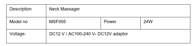 nubeca NECK and Shoulder Massager Model #MSF005 - table