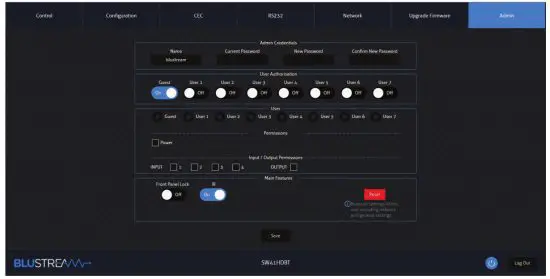 BLUSTREAM SW41HDBT HDBaseT Switch - Admin Page