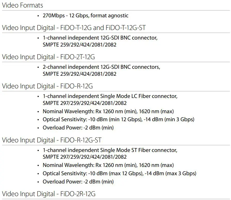 AJA FiDO 12G Series SDI Optical Fiber Mini-Converters User Guide - Specifications
