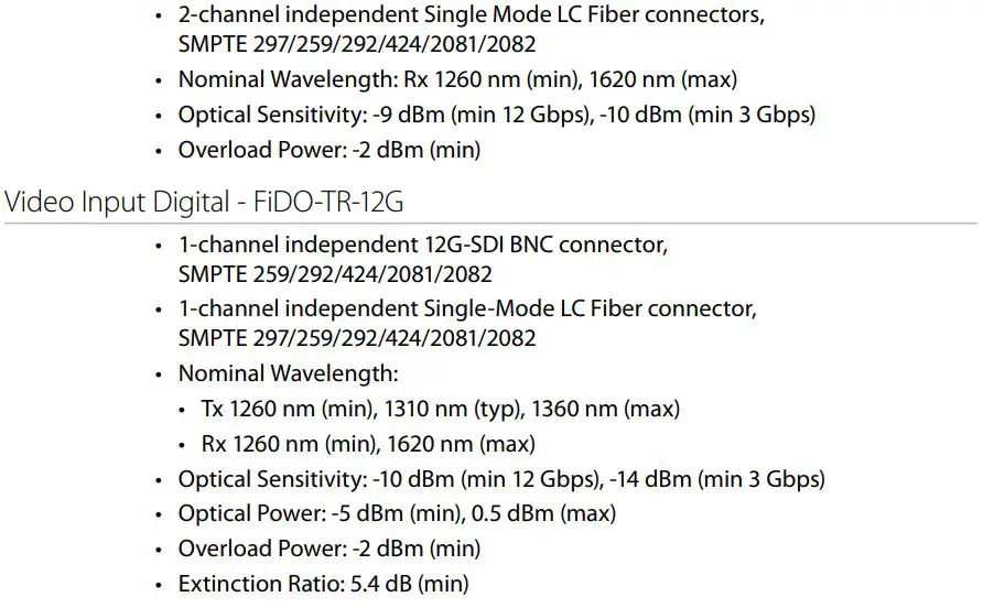AJA FiDO 12G Series SDI Optical Fiber Mini-Converters User Guide - Specifications