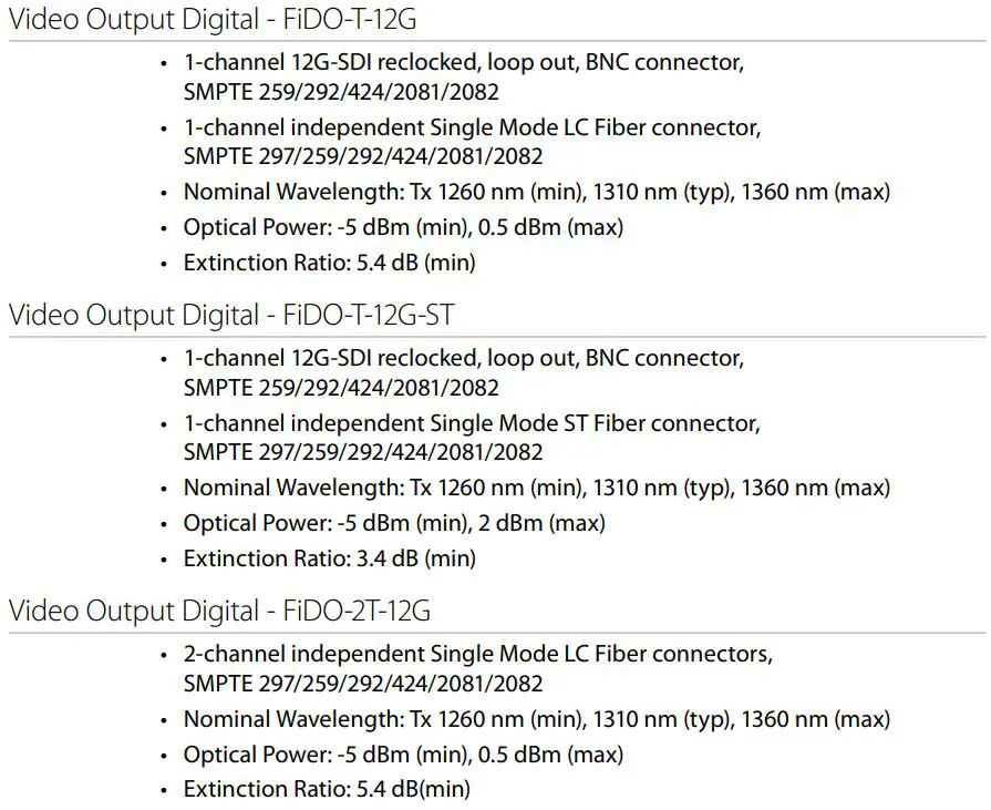 AJA FiDO 12G Series SDI Optical Fiber Mini-Converters User Guide - Specifications