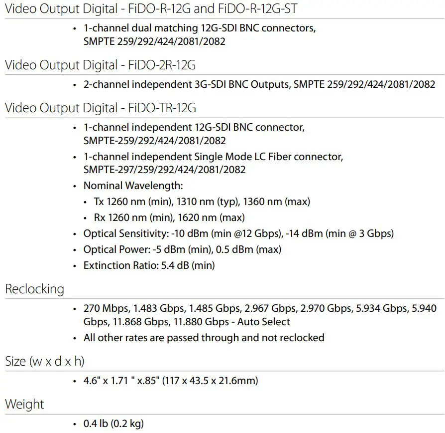 AJA FiDO 12G Series SDI Optical Fiber Mini-Converters User Guide - Specifications