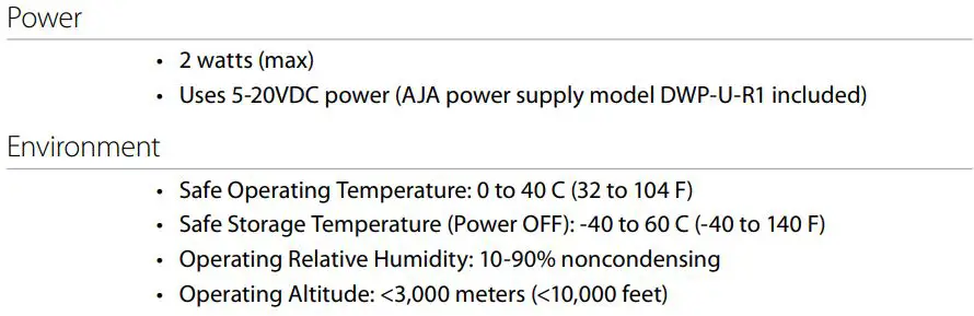 AJA FiDO 12G Series SDI Optical Fiber Mini-Converters User Guide - Specifications