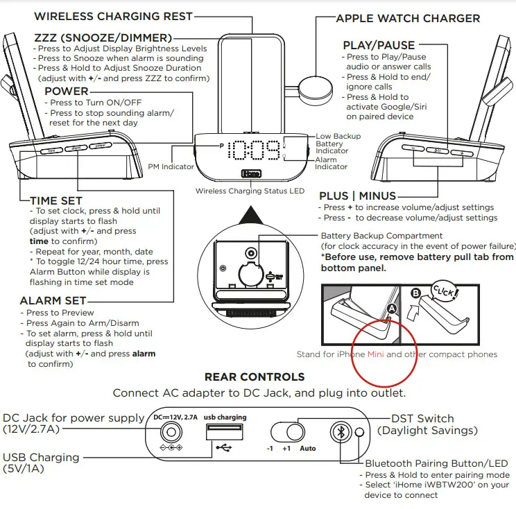iHOME iWBTW200 Timebase Pro Bluetooth Alarm Clock with Wireless Charger