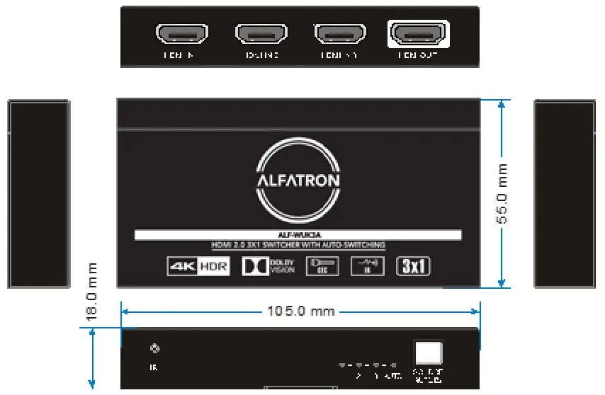ALFATRON WUK3A HDMI 2 0 3 1 Switcher with Auto Switching - Panel Drawing