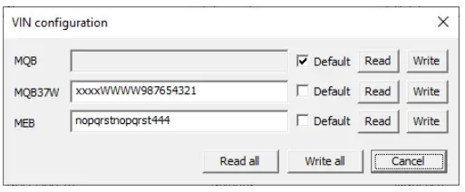 VIN configuration dialogue