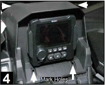 MBQuart MBQX-RAD-1 Multimedia Controller Installation Guide - Set source unit housing in place in center dash area to locate four (4) mounting holes required for final mounting