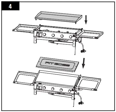 Carefully, lift the Hot Plate off of the Fire Box. This is easier using two people, but not necessary. lay the grill on back by two people 1 2 3 5 4 2. Lay the Fire Box on its side with the control knobs on the top. Remove the two bolts from the Bottom Shelf. Remove the Bottom Shelf. 3. Loosen the four bolts, one on each leg. Pull back on the locking system pins to fold-in the cart legs to collapse the cart. NOTE: To not misplace, re-install the bolts into the cart and Bottom Shelf once the cart is completely collapsed. 4. Carefully raise the unit into an upright position with the wheels on the bottom. Replace the Hot Plate onto the top of the Fire Box. Place the Bottom Shelf overtop of the Hot Plate.