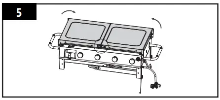 Carefully, lift the Hot Plate off of the Fire Box. This is easier using two people, but not necessary. lay the grill on back by two people 1 2 3 5 4 2. Lay the Fire Box on its side with the control knobs on the top. Remove the two bolts from the Bottom Shelf. Remove the Bottom Shelf. 3. Loosen the four bolts, one on each leg. Pull back on the locking system pins to fold-in the cart legs to collapse the cart. NOTE: To not misplace, re-install the bolts into the cart and Bottom Shelf once the cart is completely collapsed. 4. Carefully raise the unit into an upright position with the wheels on the bottom. Replace the Hot Plate onto the top of the Fire Box. Place the Bottom Shelf overtop of the Hot Plate.