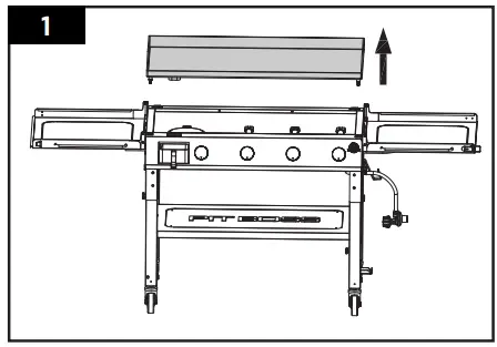 Carefully, lift the Hot Plate off of the Fire Box. This is easier using two people, but not necessary. lay the grill on back by two people 1 2 3 5 4 2. Lay the Fire Box on its side with the control knobs on the top. Remove the two bolts from the Bottom Shelf. Remove the Bottom Shelf. 3. Loosen the four bolts, one on each leg. Pull back on the locking system pins to fold-in the cart legs to collapse the cart. NOTE: To not misplace, re-install the bolts into the cart and Bottom Shelf once the cart is completely collapsed. 4. Carefully raise the unit into an upright position with the wheels on the bottom. Replace the Hot Plate onto the top of the Fire Box. Place the Bottom Shelf overtop of the Hot Plate.