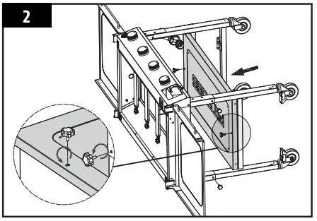 Carefully, lift the Hot Plate off of the Fire Box. This is easier using two people, but not necessary. lay the grill on back by two people 1 2 3 5 4 2. Lay the Fire Box on its side with the control knobs on the top. Remove the two bolts from the Bottom Shelf. Remove the Bottom Shelf. 3. Loosen the four bolts, one on each leg. Pull back on the locking system pins to fold-in the cart legs to collapse the cart. NOTE: To not misplace, re-install the bolts into the cart and Bottom Shelf once the cart is completely collapsed. 4. Carefully raise the unit into an upright position with the wheels on the bottom. Replace the Hot Plate onto the top of the Fire Box. Place the Bottom Shelf overtop of the Hot Plate.