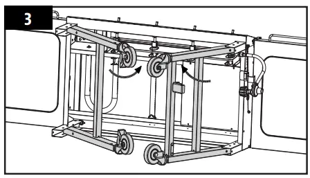 Carefully, lift the Hot Plate off of the Fire Box. This is easier using two people, but not necessary. lay the grill on back by two people 1 2 3 5 4 2. Lay the Fire Box on its side with the control knobs on the top. Remove the two bolts from the Bottom Shelf. Remove the Bottom Shelf. 3. Loosen the four bolts, one on each leg. Pull back on the locking system pins to fold-in the cart legs to collapse the cart. NOTE: To not misplace, re-install the bolts into the cart and Bottom Shelf once the cart is completely collapsed. 4. Carefully raise the unit into an upright position with the wheels on the bottom. Replace the Hot Plate onto the top of the Fire Box. Place the Bottom Shelf overtop of the Hot Plate.