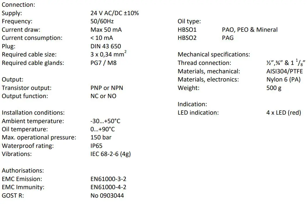 HB Products HBSO - Oil Level Switch Instruction Manual - Technical data