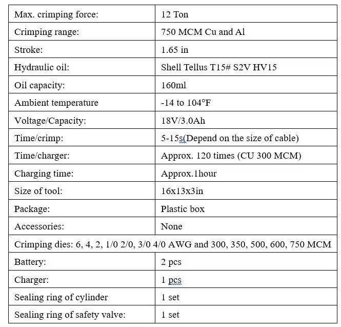 ECLIPSE 902-600 QuikCrimp 12 Ton - Specifications