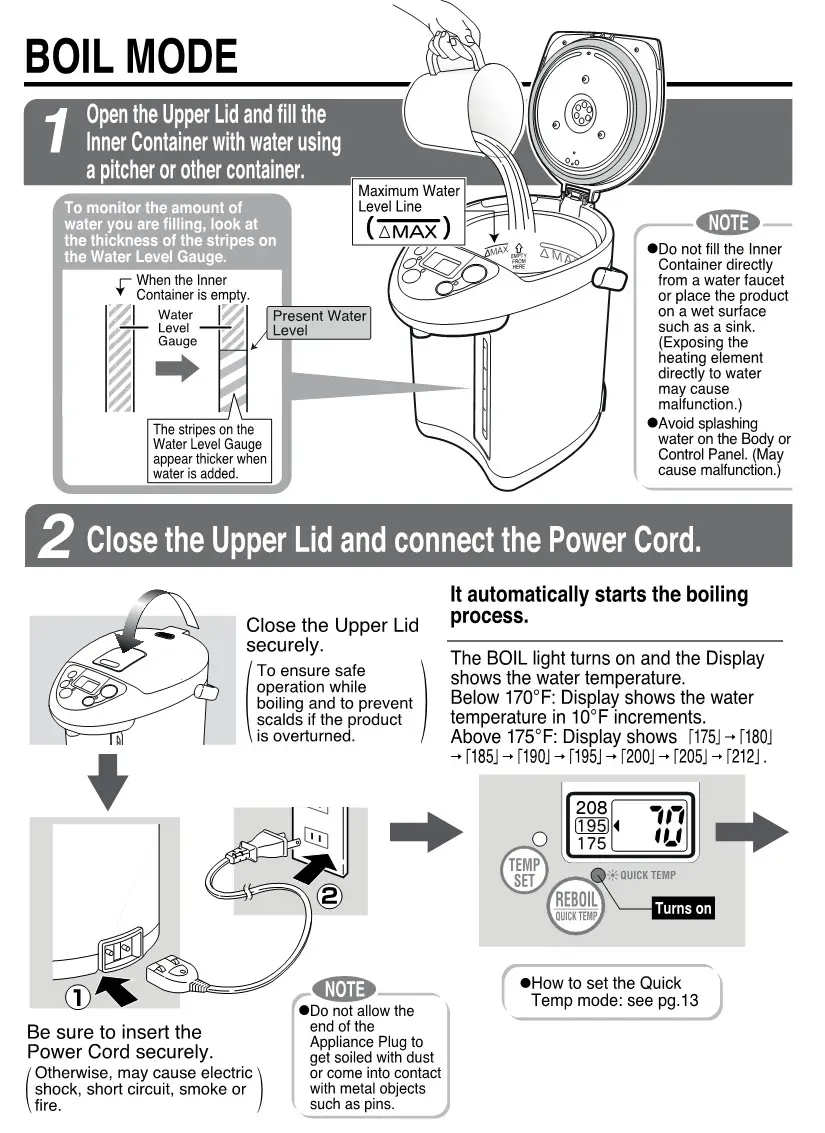 Zojirushi CD-JWC30, CD-JWC40 Micom Water Boiler and Warmer - BOIL MODE