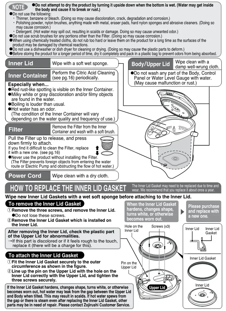 Zojirushi CD-JWC30, CD-JWC40 Micom Water Boiler and Warmer - CLEANING AND MAINTENANCE