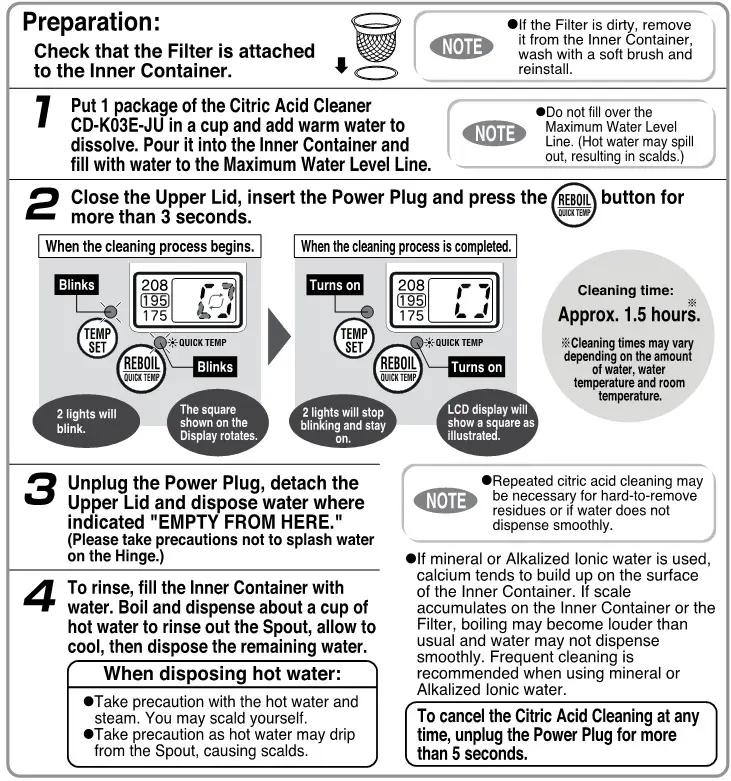 Zojirushi CD-JWC30, CD-JWC40 Micom Water Boiler and Warmer - HOW TO PERFORM CITRIC ACID CLEANING