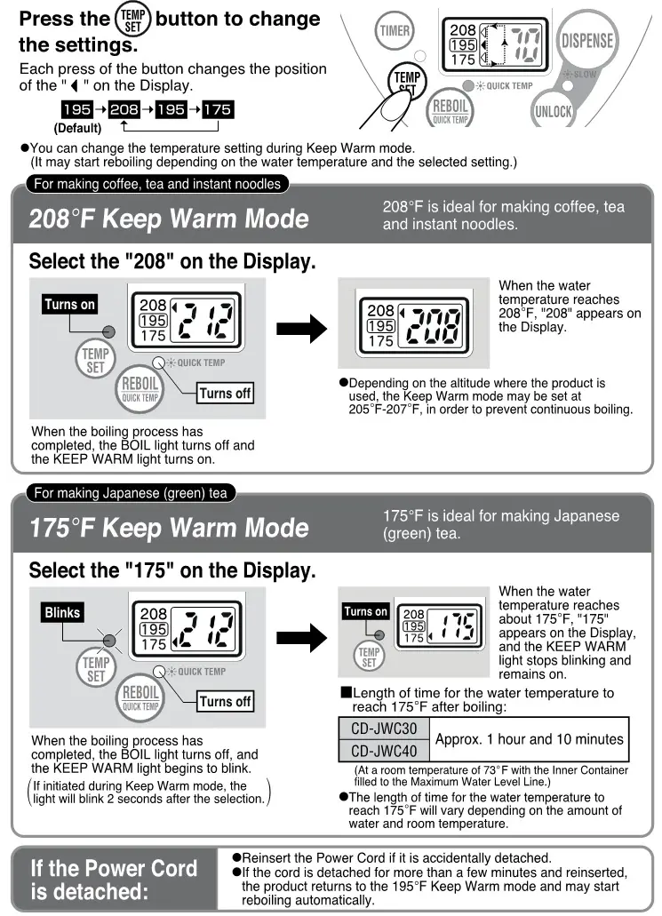 Zojirushi CD-JWC30, CD-JWC40 Micom Water Boiler and Warmer - HOW TO SET THE KEEP WARM MODE