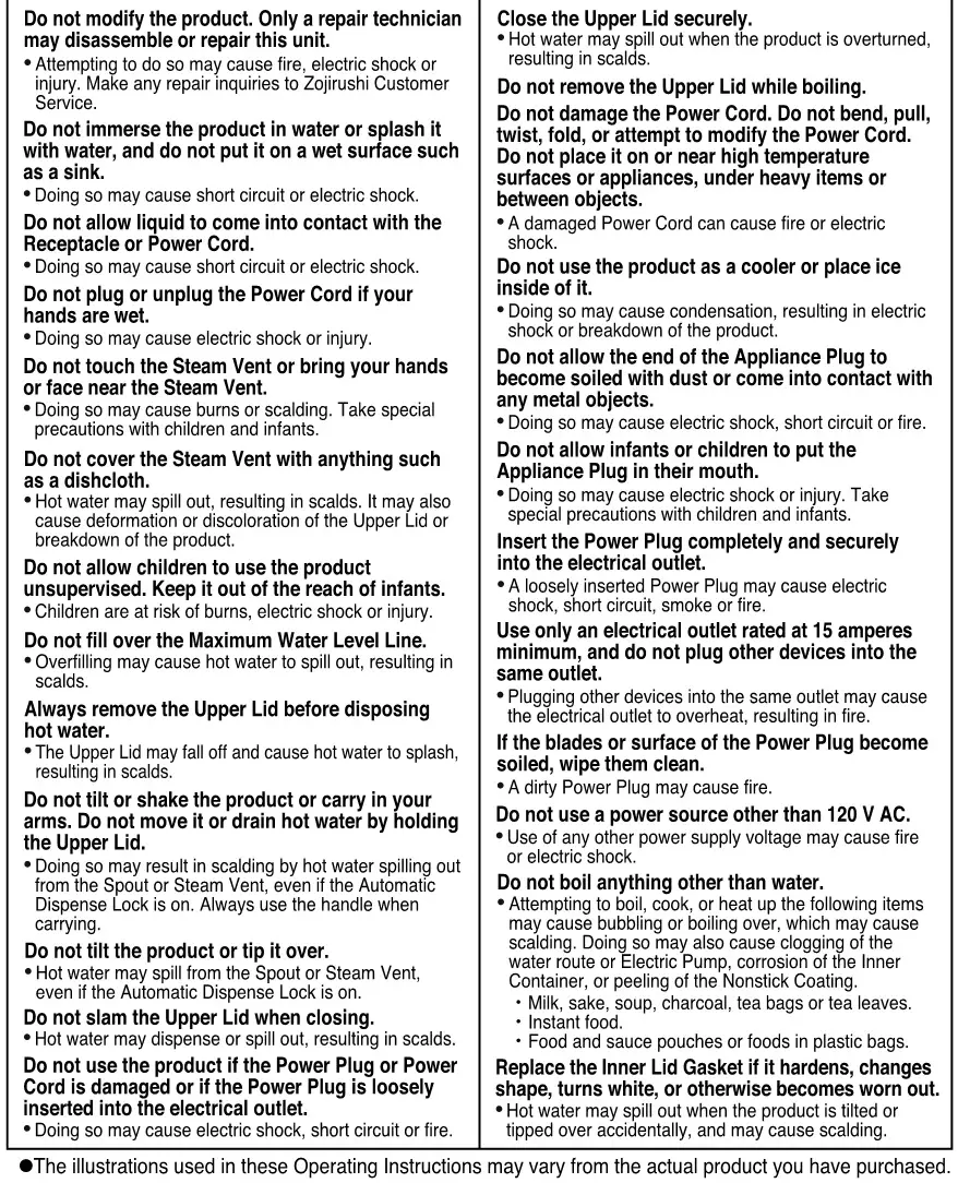 Zojirushi CD-JWC30, CD-JWC40 Micom Water Boiler and Warmer - WARNINGS 1