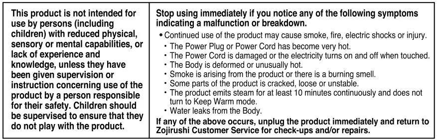 Zojirushi CD-JWC30, CD-JWC40 Micom Water Boiler and Warmer - WARNINGS 2