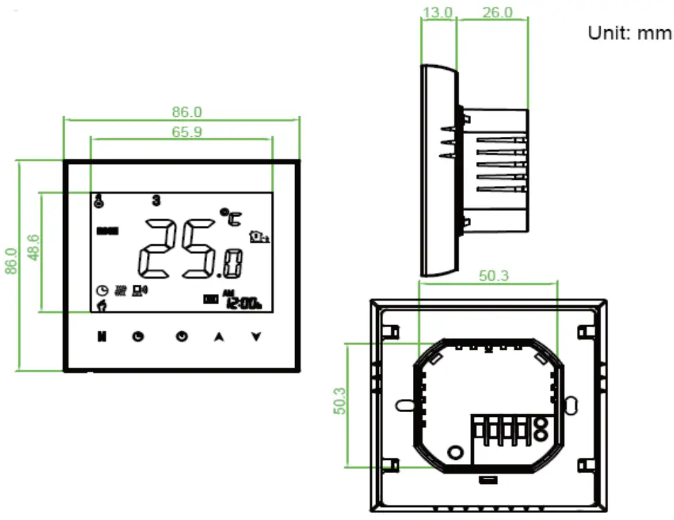 EXPERT4HOUSE BHT 1000 Series Non Wifi Electric Heating 16A Programmable Room Thermostat - DIMENSION