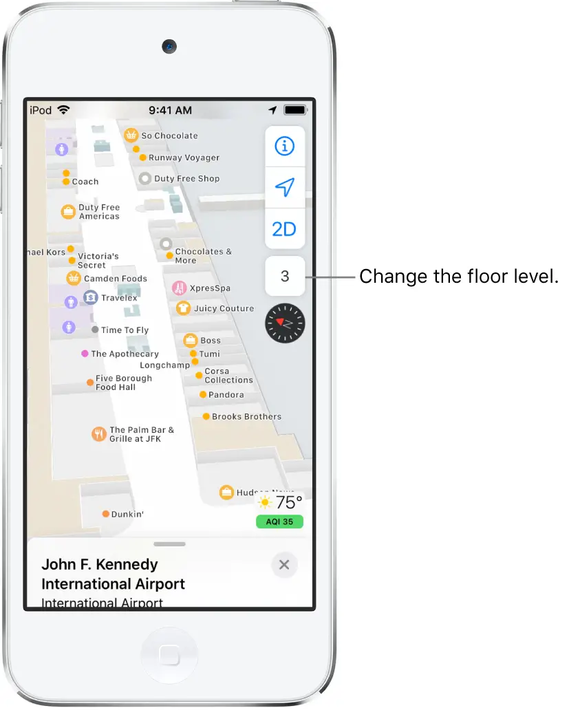 An indoor map of an airport terminal. The map shows businesses and restrooms.