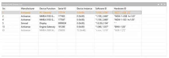 NMEA Actisense Toolkit Software - Device List
