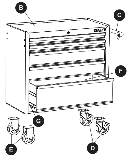 KOBALT 19158 36 Inch W x 37.8-in H 5-Drawer Steel Rolling Tool Cabinet - 12