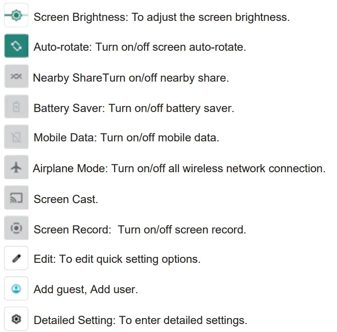 Azeyou AT1031U 10.36 Inch Android 11 Tablet User Manual - Quick Settings