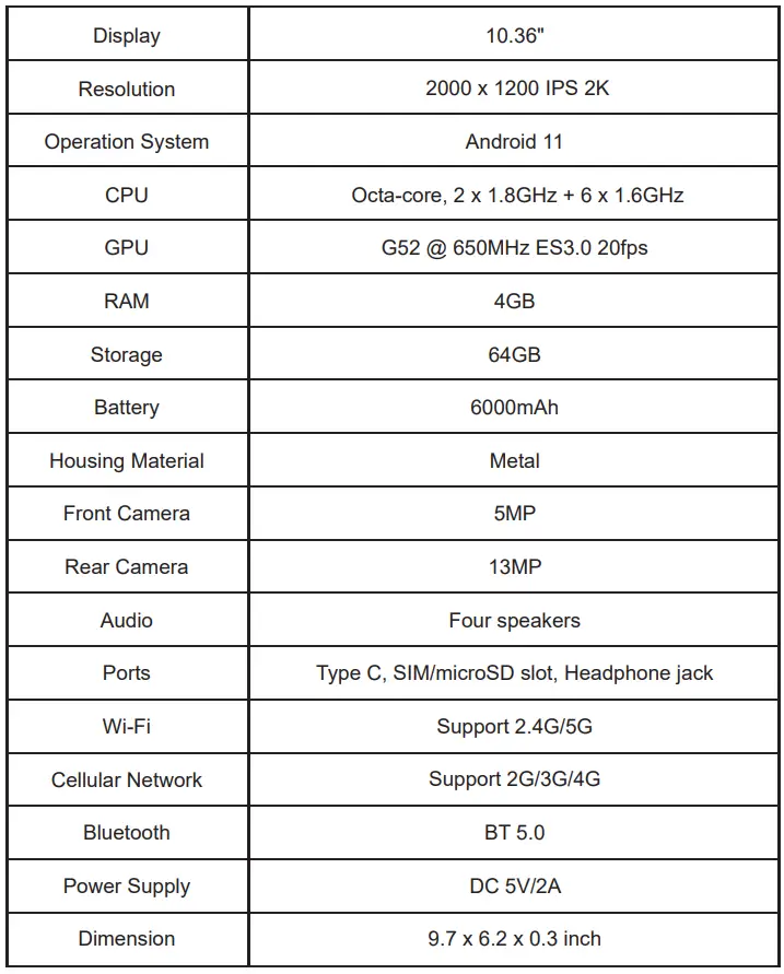 Azeyou AT1031U 10.36 Inch Android 11 Tablet User Manual - Specification