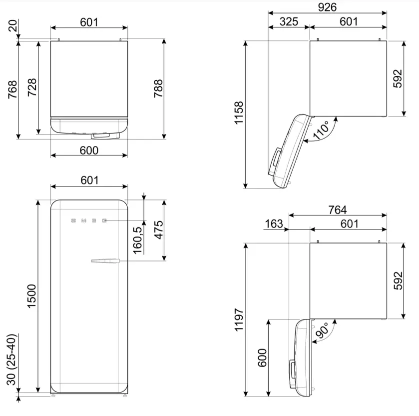 smeg FAB28ULOR3 24 Inch Top Freezer Refrigerator - diagram