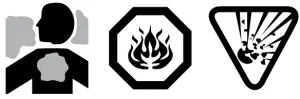 ARBON MONOXIDE, FIRE, EXPLOSION HAZARD icons