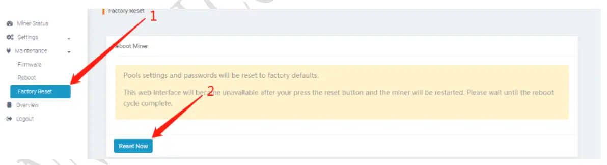 INNOSILICON T3 BTC Miner - Factory reset
