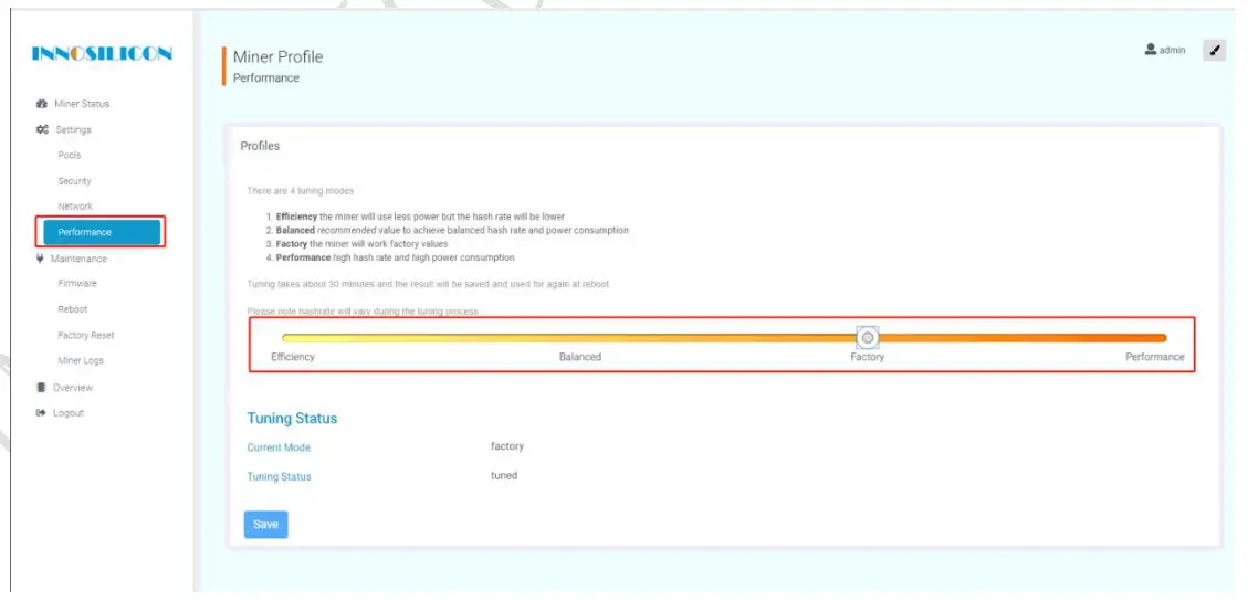 INNOSILICON T3 BTC Miner - operation mode