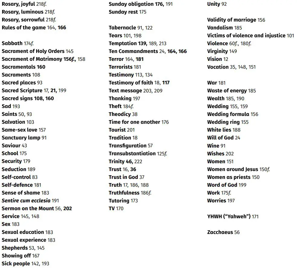 YOUCAT for Kids Catechism Catholic Church for Children and Parents Instruction Manual - Subject Index