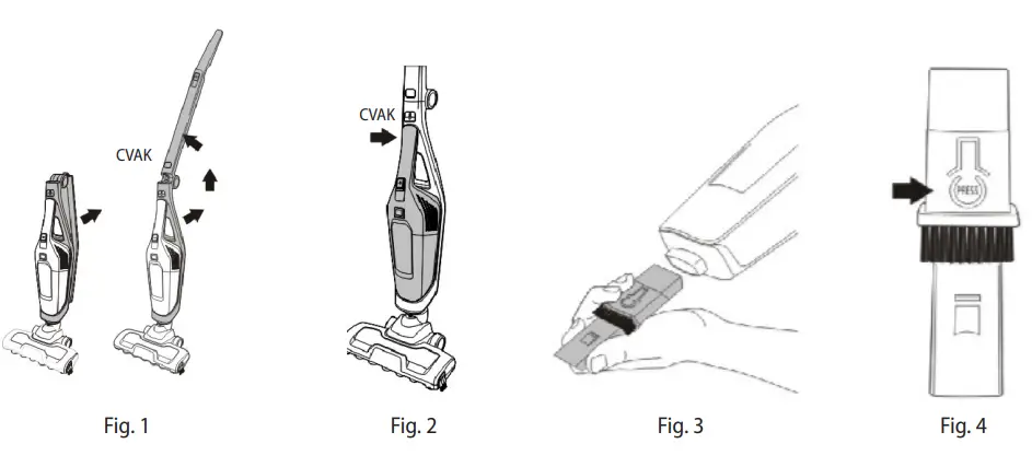 concept VP4201 3 In 1 Rod Vacuum Cleaner Instruction Manual - Fig 1,2,3,4