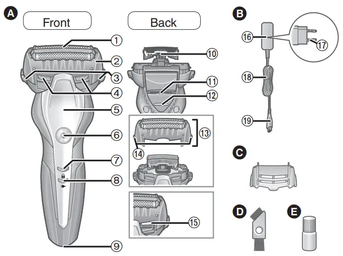 Panasonic ES-ST2N Household Rechargeable Shaver - Parts identifi cation