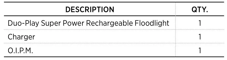MATCO TOOLS MFL4500 Duo-Play Super Power Rechargeable Floodlight - PACKAGE CONTENT