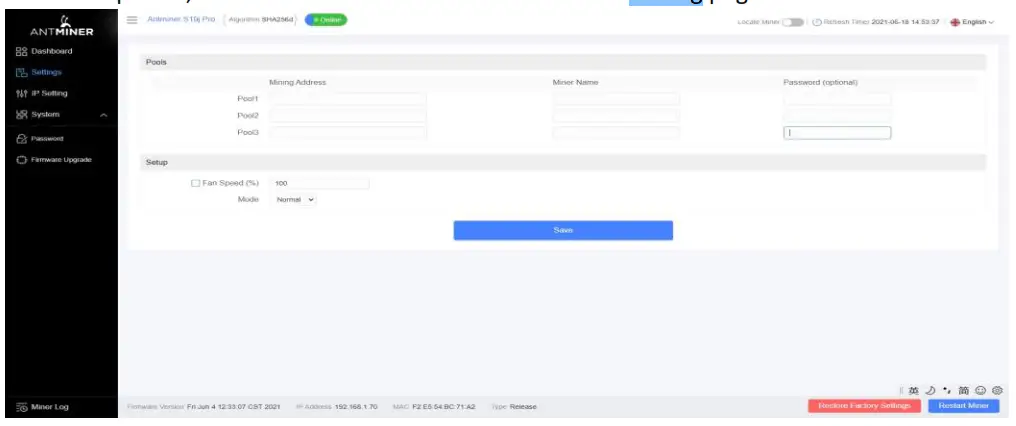 BITMAIN S19j Pro 104t High Hashrate Antminer - setting